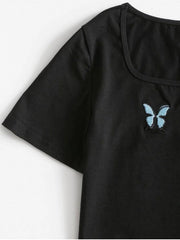 Butterfly Embroidered U Neck T-shirt