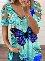 Butterfly Floral Print V-neck Zipper Short Sleeve T-shirt
