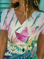 Butterfly Flower Print Loose V-neck Short Sleeve T-shirt