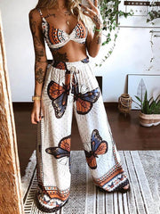 Butterfly Graphic Print Crop Top & Wide Leg Pants Set for Women
