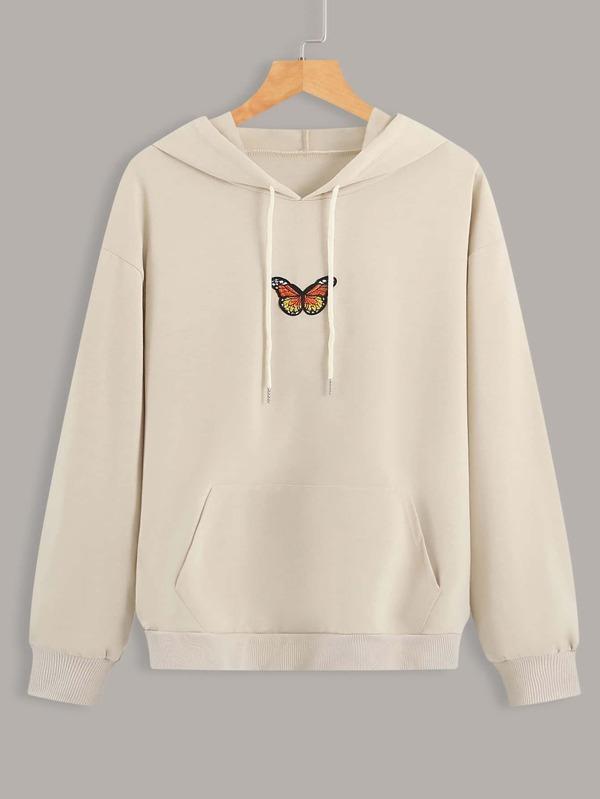 Butterfly Patched Kangaroo Pocket Drawstring Hoodie for Women