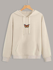 Butterfly Patched Kangaroo Pocket Drawstring Hoodie for Women