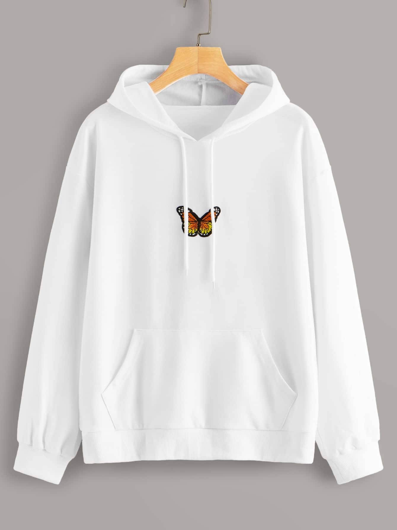 Butterfly Patched Kangaroo Pocket Drawstring Hoodie