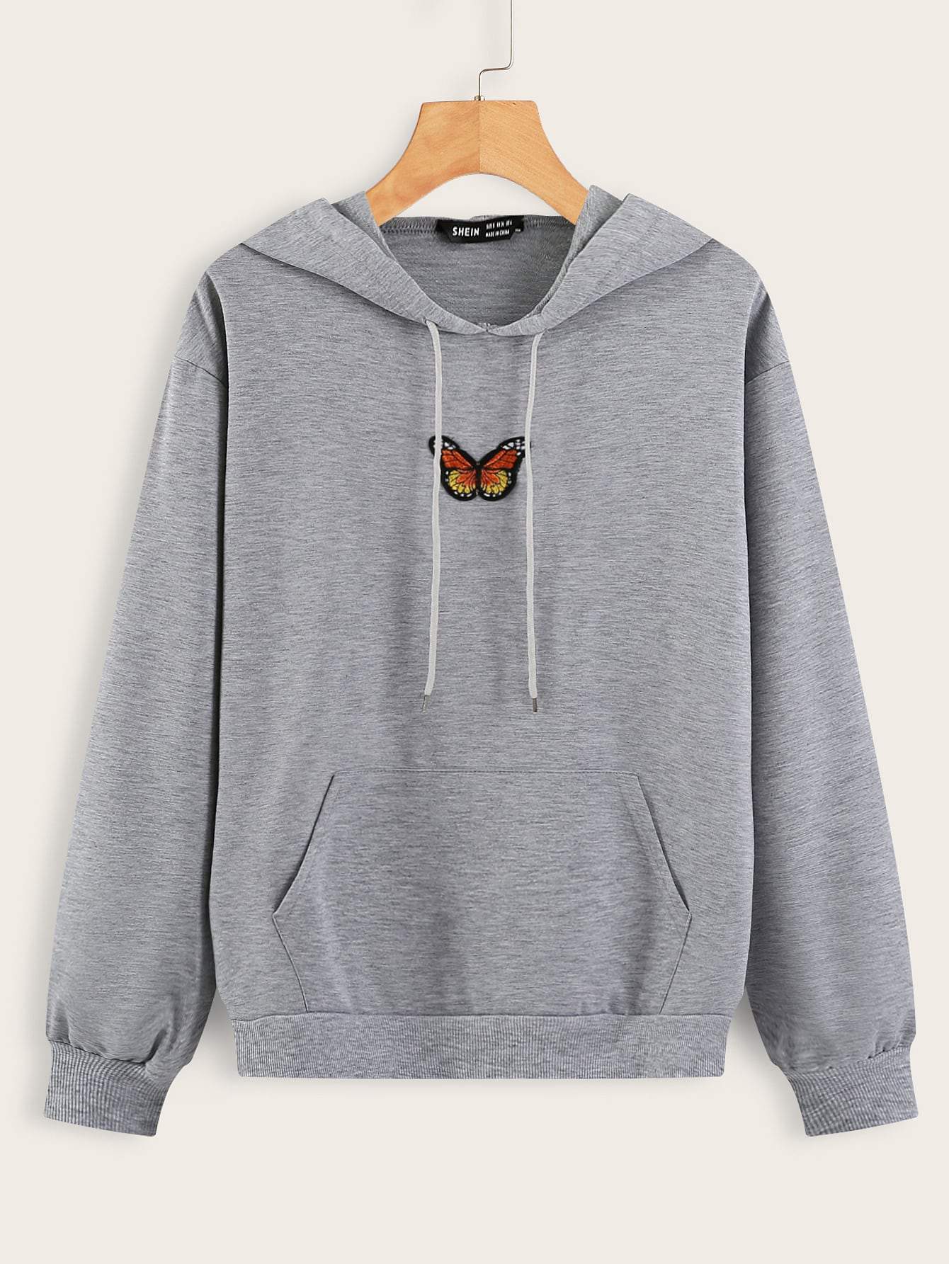 Butterfly Patched Kangaroo Pocket Drawstring Hoodie