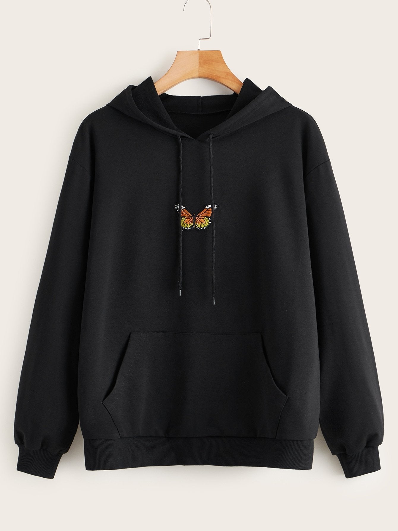 Butterfly Patched Kangaroo Pocket Drawstring Hoodie