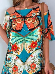Butterfly Print Cutout Short Sleeve Dress