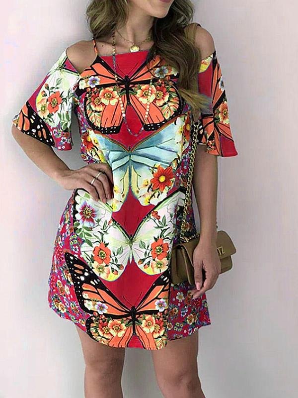 Butterfly Print Cutout Short Sleeve Dress for Women