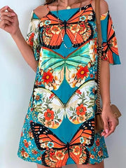 Butterfly Print Cutout Short Sleeve Dress
