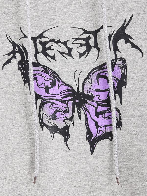 Butterfly Print Kangaroo Pocket Drawstring Hoodie