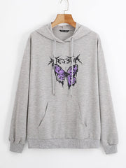 Butterfly Print Kangaroo Pocket Drawstring Hoodie