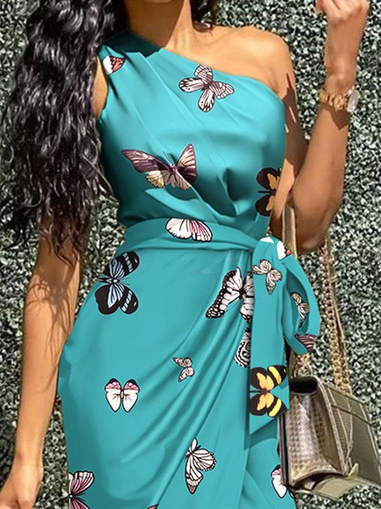 Butterfly Print Oblique Shoulder Irregular Dress for Women