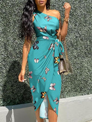 Butterfly Print Oblique Shoulder Irregular Dress