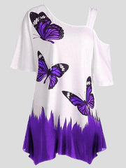Butterfly Print One-shoulder Short-sleeved T-shirt