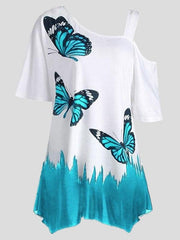 Butterfly Print One-shoulder Short-sleeved T-shirt