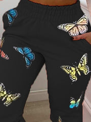 Butterfly Print Pocket Design Shirring Waist Casual Pants