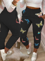 Butterfly Print Pocket Design Shirring Waist Casual Pants