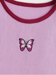 Butterfly Print Ribbed Knit Ringer Top for Women