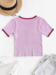Butterfly Print Ribbed Knit Ringer Top for Women