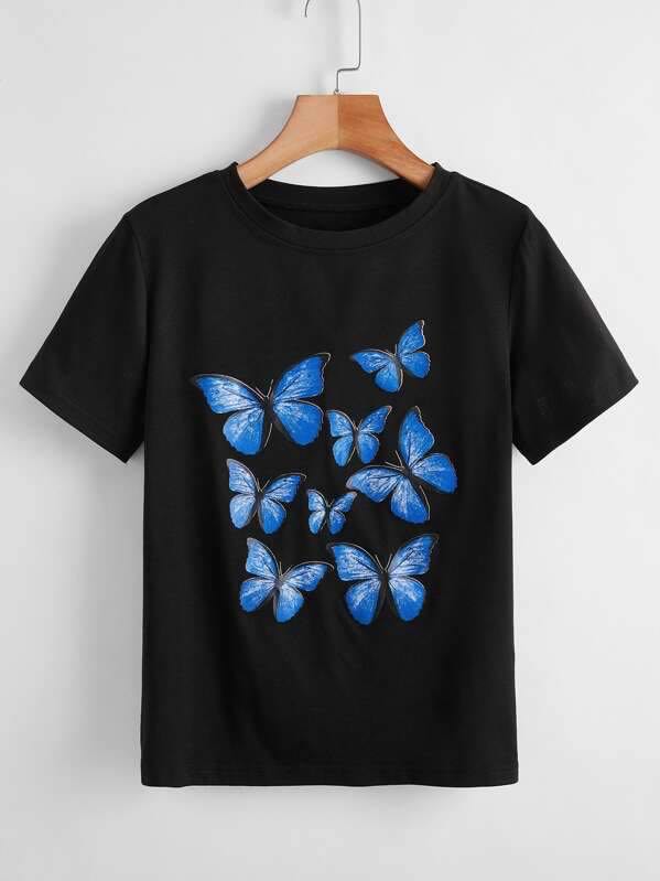 Butterfly Print Round Neck Tee for Women