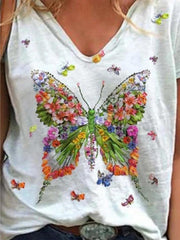 Butterfly Print Short-sleeved V-neck Casual T-shirt