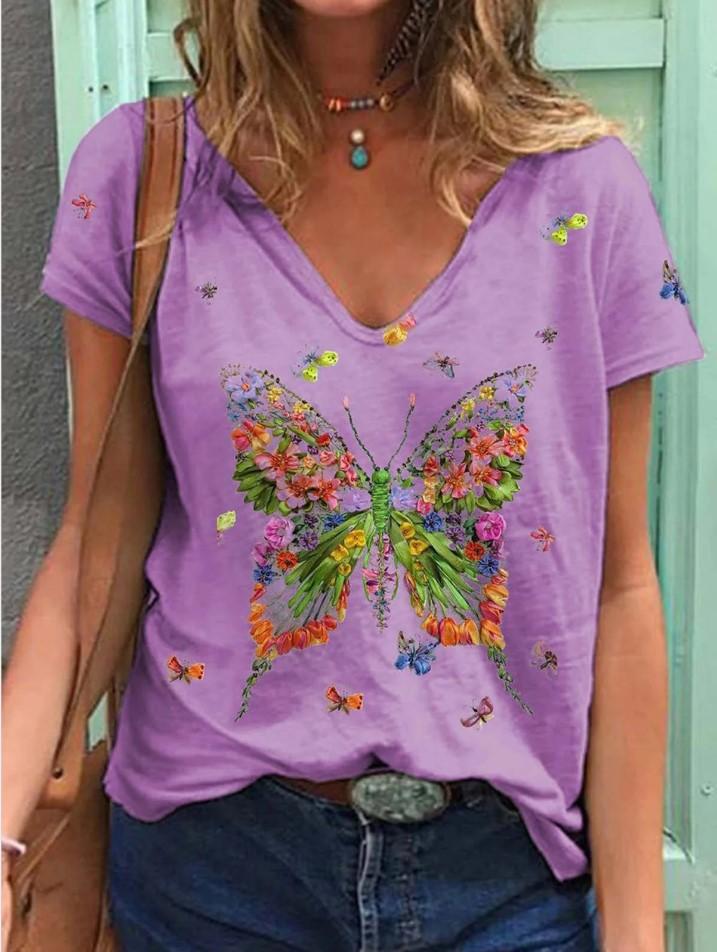 Butterfly Print Short-sleeved V-neck Casual T-shirt