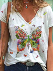 Butterfly Print Short-sleeved V-neck Casual T-shirt