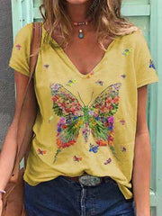 Butterfly Print Short-sleeved V-neck Casual T-shirt