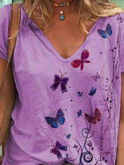 Butterfly Print Short-sleeved V-neck T-shirt for Women