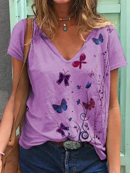 Butterfly Print Short-sleeved V-neck T-shirt for Women