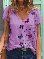 Butterfly Print Short-sleeved V-neck T-shirt for Women