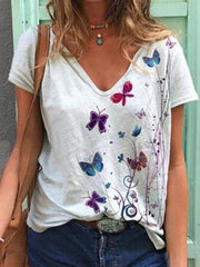 Butterfly Print Short-sleeved V-neck T-shirt for Women