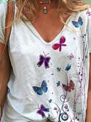 Butterfly Print Short-sleeved V-neck T-shirt for Women