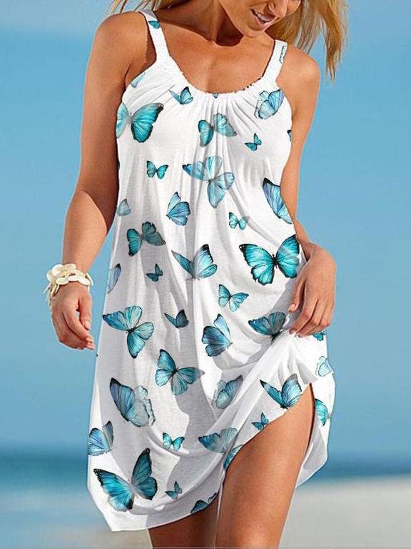 Butterfly Print Slim Beach Suspender Dress