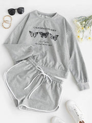 Butterfly Print Sweatshirt and Mini Dolphin Shorts Set