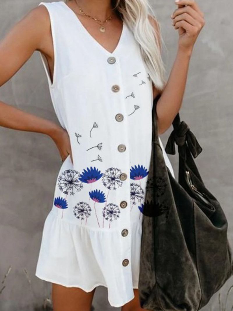 Butterfly Print V Neck Buttoned Dress