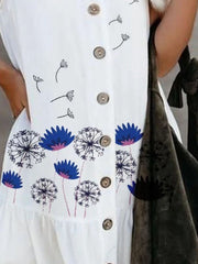 Butterfly Print V Neck Buttoned Dress