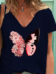 Butterfly Print V-neck Short-sleeved T-shirt for Women