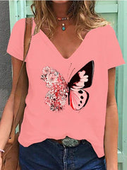 Butterfly Print V-neck Short-sleeved T-shirt for Women