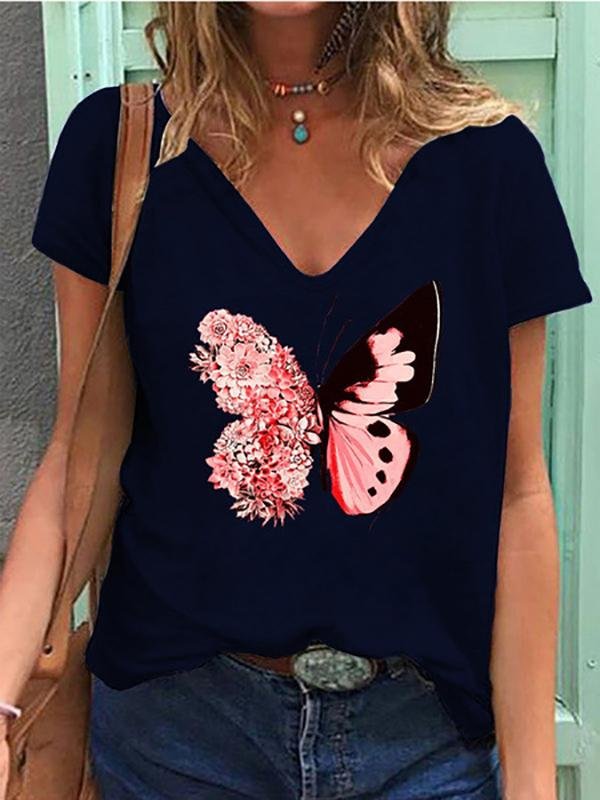 Butterfly Print V-neck Short-sleeved T-shirt for Women