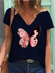 Butterfly Print V-neck Short-sleeved T-shirt for Women