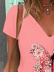 Butterfly Print V-neck Short-sleeved T-shirt for Women