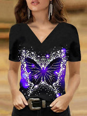 Butterfly Print V-neck T-shirt for Women