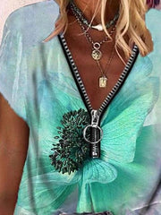 Butterfly Print Zipper V-neck Short Sleeve T-shirt