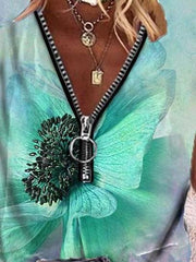 Butterfly Print Zipper V-neck Short Sleeve T-shirt
