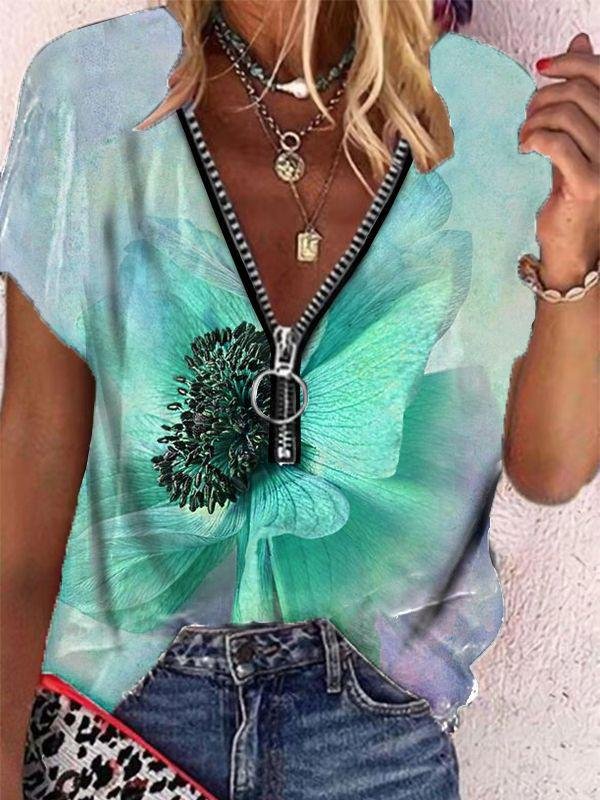 Butterfly Print Zipper V-neck Short Sleeve T-shirt