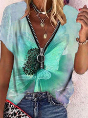 Butterfly Print Zipper V-neck Short Sleeve T-shirt