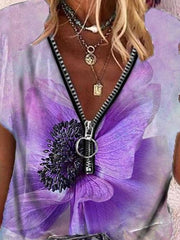Butterfly Print Zipper V-neck Short Sleeve T-shirt