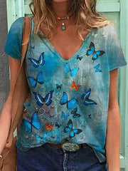Butterfly Printed V-neck Short-sleeved T-shirt