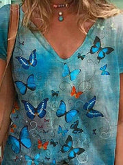 Butterfly Printed V-neck Short-sleeved T-shirt