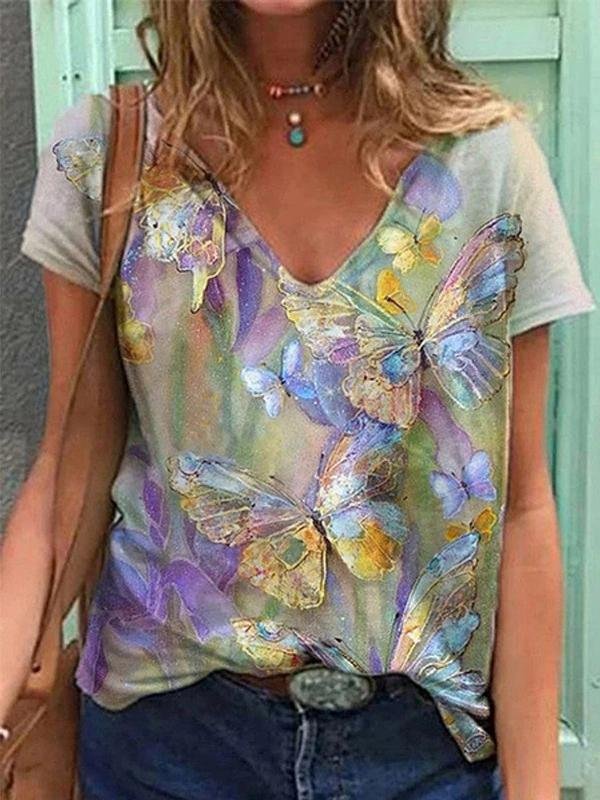 Butterfly Printed V-neck Short-sleeved T-shirt